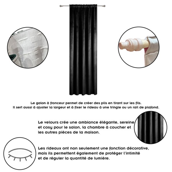 Rideau occultant en velours à galon fronceur