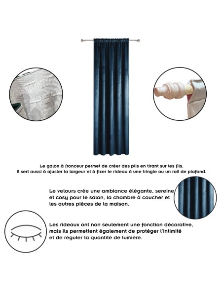 Rideau occultant en velours à galon fronceur