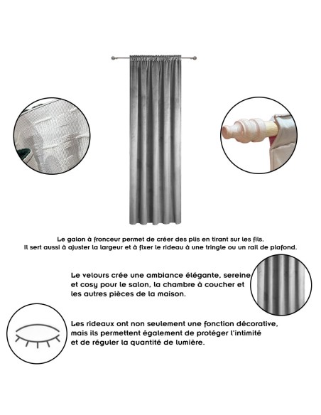 Rideau occultant en velours à galon fronceur