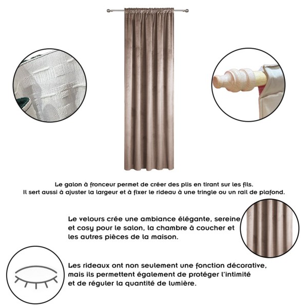 Rideau occultant en velours à galon fronceur