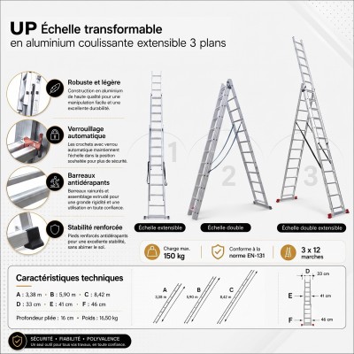 UP Échelle en aluminium transformable coulissante 3 plans 2