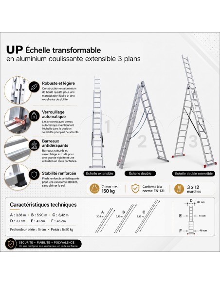 UP Échelle en aluminium transformable coulissante 3 plans