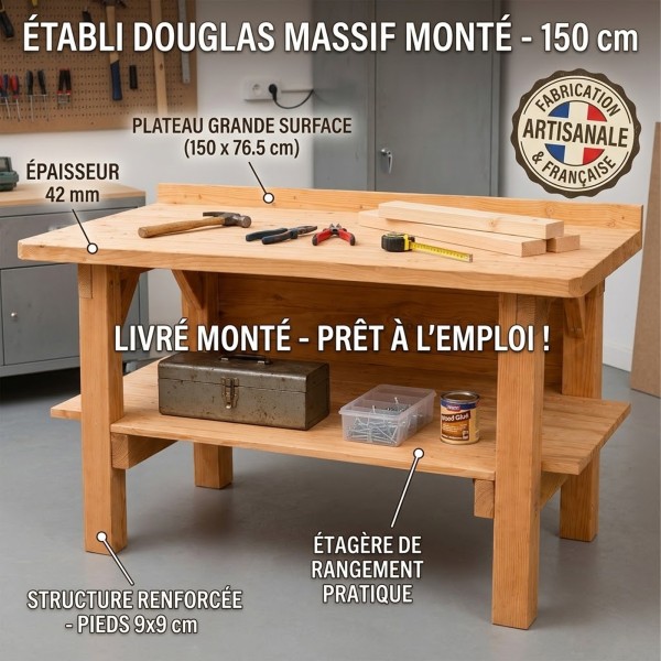 Établi livré monté en bois Douglas massif 150 cm avec étagère