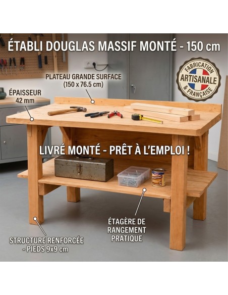 Établi livré monté en bois Douglas massif 150 cm avec étagère