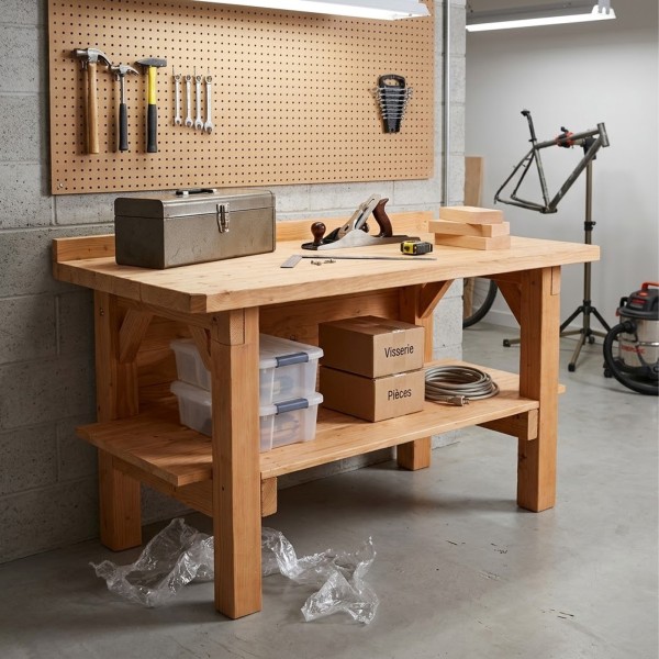 Établi livré monté en bois Douglas massif 150 cm avec étagère