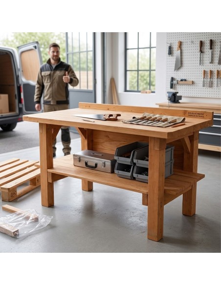 Établi livré monté en bois Douglas massif 150 cm avec étagère