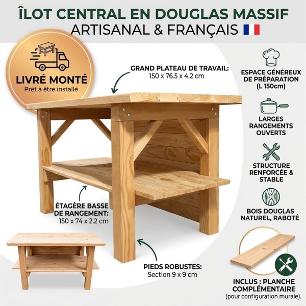 Îlot central de cuisine en Douglas massif 150 cm – livré monté