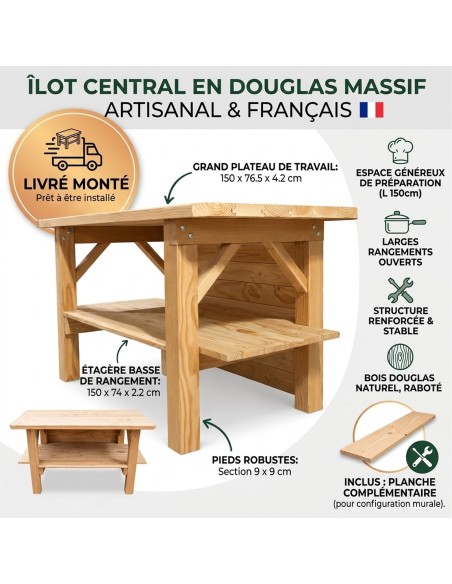 Îlot central de cuisine en Douglas massif 150 cm – livré monté
