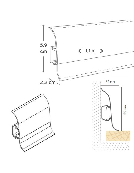 Plinthes goulotte passe-câble PVC 59 mm - 1,10 m avec raccords inclus