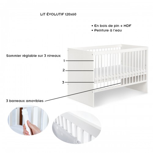 DALIA Ensemble commode à langer+ lit bébé évolutif 120x60 2